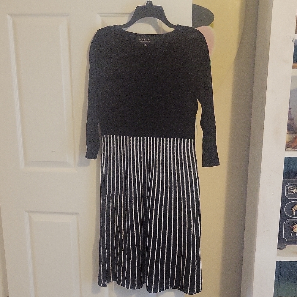 Black Label SzM Black White Striped Skirt Scoop Neck Lux Lg Sleeve Party Dress